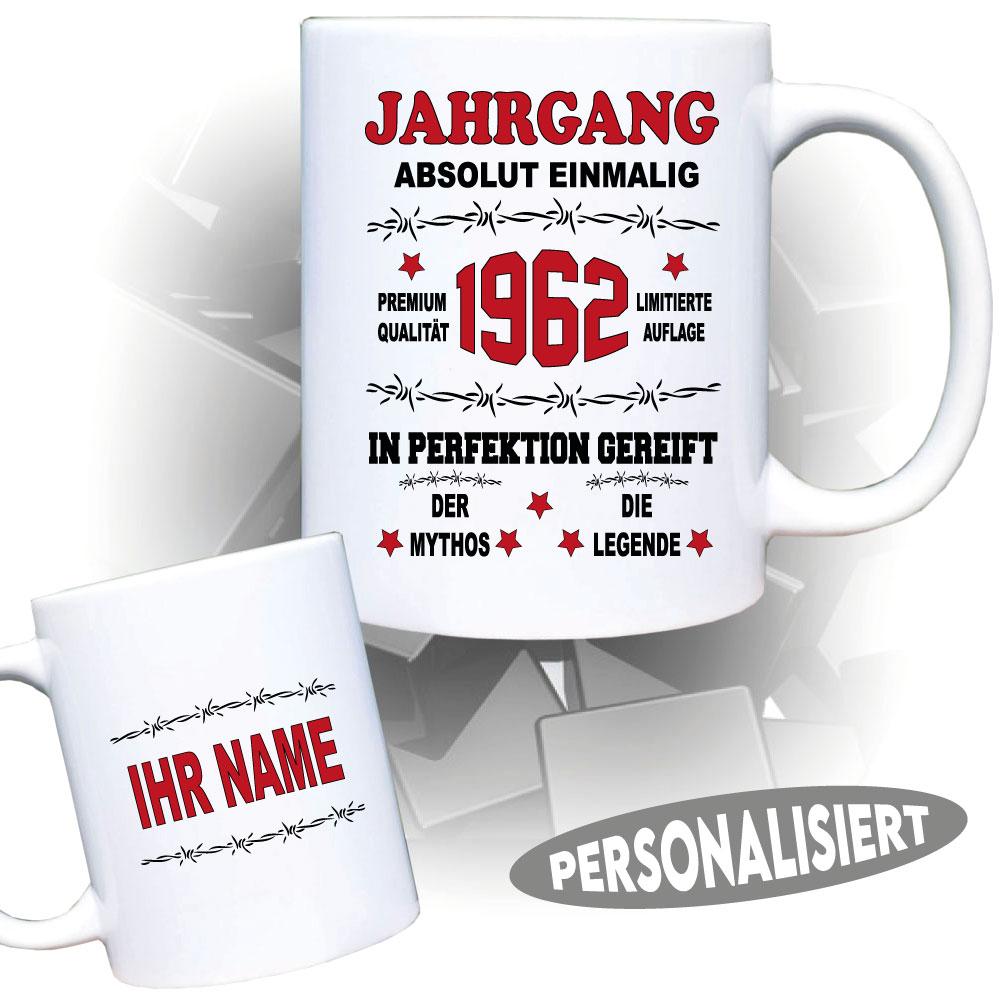 Tasse zum Geburtstag Weiss mit Jahrgang bedruckt.