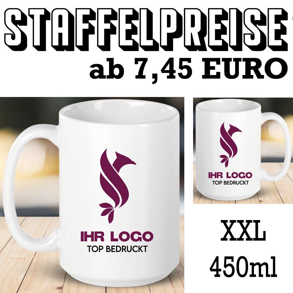 Werbung Weiße Tasse XXL Jumbo mit Logo und Text